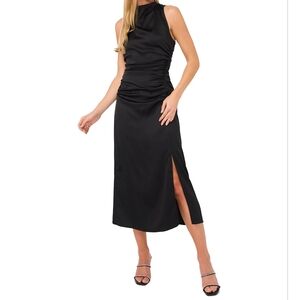 ❣️NEW❣️ CeCe Satin Mock Neck Sleeveless Drape Sheath Midi Dress | Black | 10